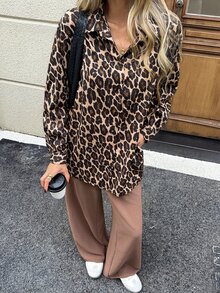 SHEIN LUNE 休閒通勤女款 2 件套長袖秋/冬拼接豹紋襯衫長褲套裝 外出早午餐穿搭 棕褐色調 - 棕色 - 查看 5