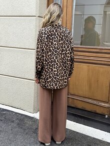 SHEIN LUNE 休閒通勤女款 2 件套長袖秋/冬拼接豹紋襯衫長褲套裝 外出早午餐穿搭 棕褐色調 - 棕色 - 查看 3