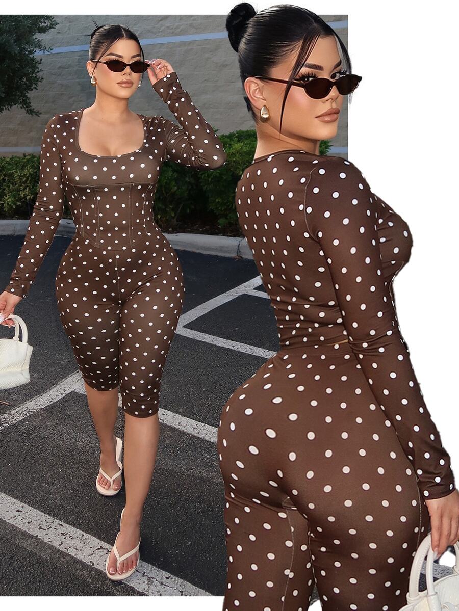 SHEIN SXY Women's Polka Dot Pattern Crew Neck Long-Sleeved Top And Shorts Two Pieces Set