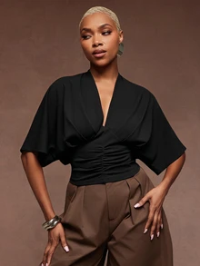 Vixey Drop Shoulder V Neck Quarter Sleeve Cinched Waist Top - Black - View 2