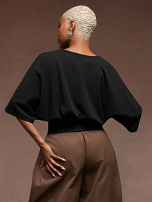 Vixey Drop Shoulder V Neck Quarter Sleeve Cinched Waist Top - Black - View 3