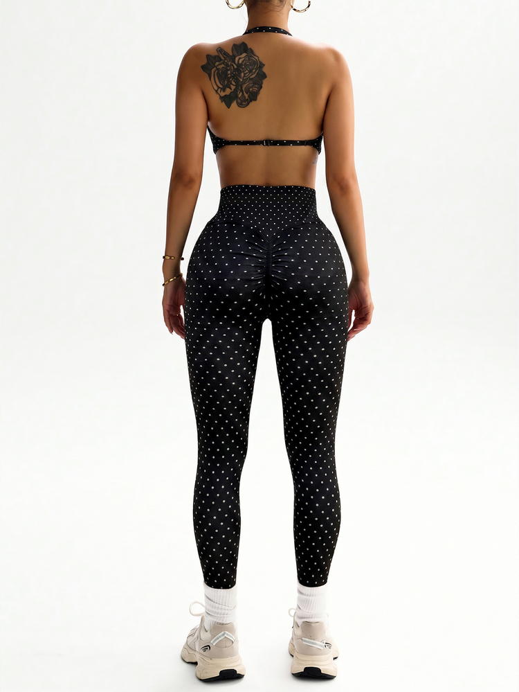 Dewbera Dewbera Women's Minimalist Polka Dot Print Pleated Halter Tank Top And Slim Fit Long Pants Sports Set - Black - View 3