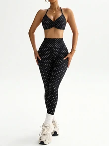 Dewbera Dewbera Women's Minimalist Polka Dot Print Pleated Halter Tank Top And Slim Fit Long Pants Sports Set - Black - View 4