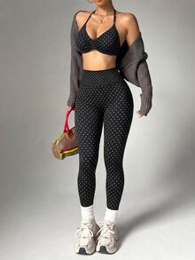 Dewbera Dewbera Women's Minimalist Polka Dot Print Pleated Halter Tank Top And Slim Fit Long Pants Sports Set - Black - View 7