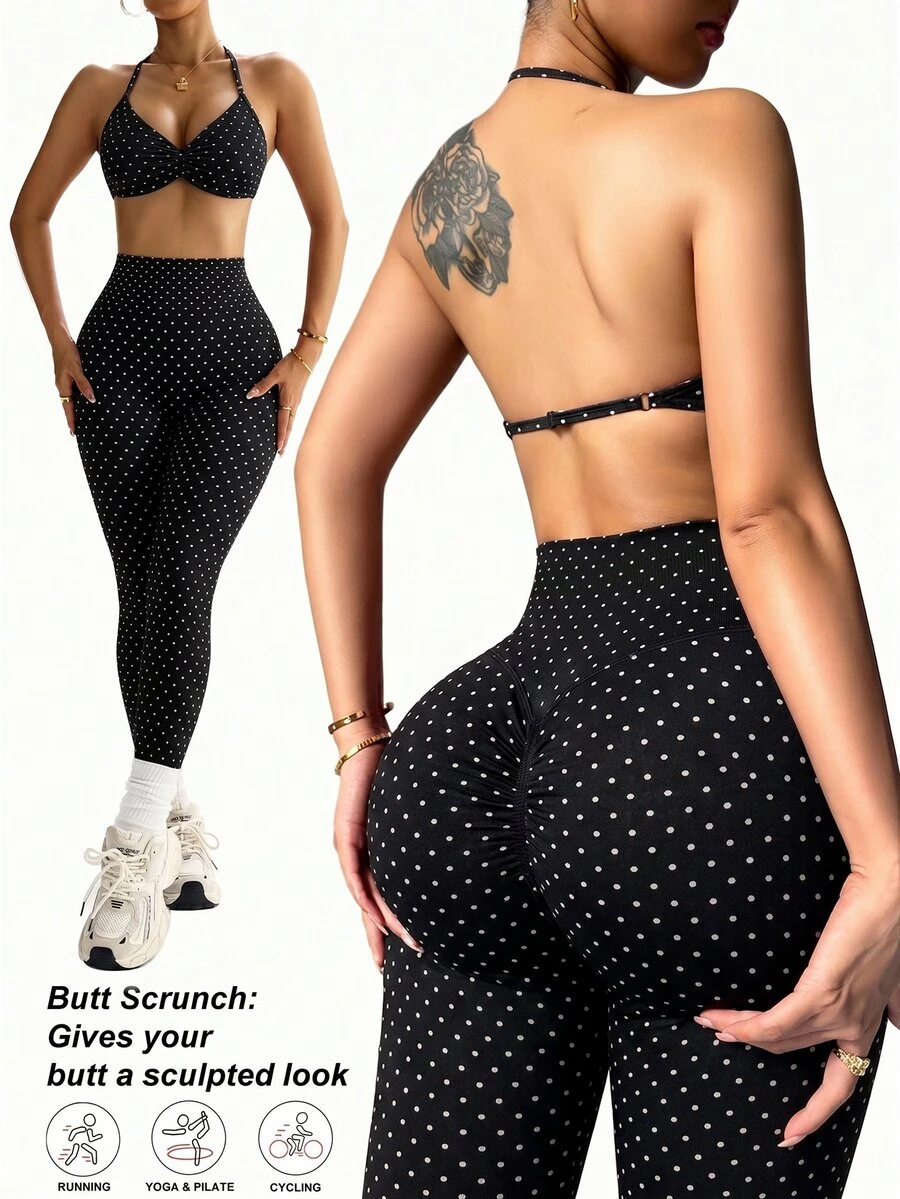 Dewbera Dewbera Women's Minimalist Polka Dot Print Pleated Halter Tank Top And Slim Fit Long Pants Sports Set - Black - View 1