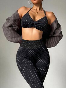 Dewbera Dewbera Women's Minimalist Polka Dot Print Pleated Halter Tank Top And Slim Fit Long Pants Sports Set - Black - View 5