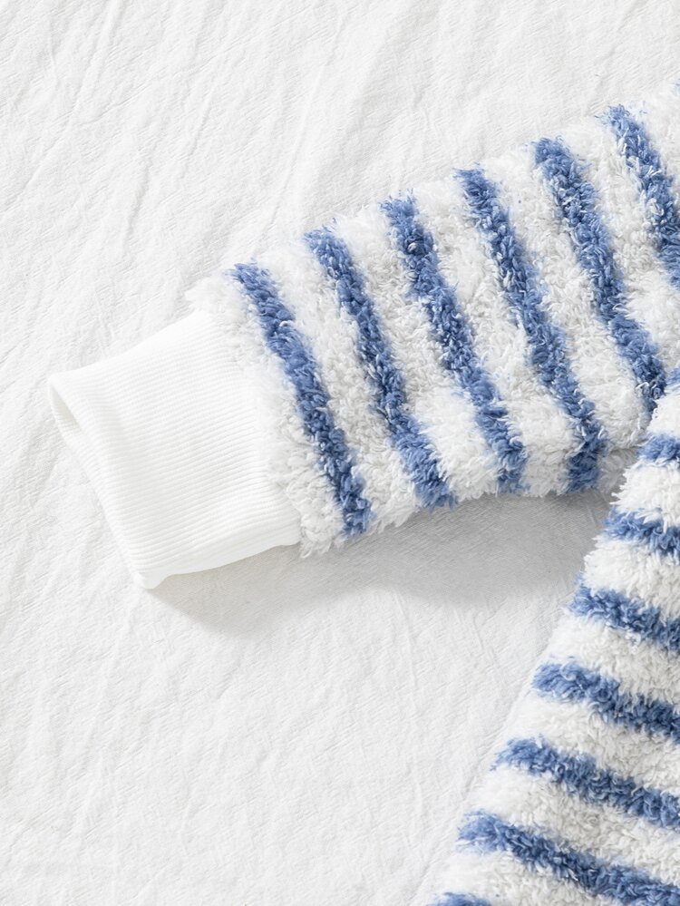 SHEIN Playful Pals 2pcs Baby Boy Romper Jumpsuit Cute Sweet Beige Blue Fuzzy Dog Print Striped Zipper Cuffs Long Sleeve Round Neck Thick Party Winter Fall Christmas - Blue - View 8