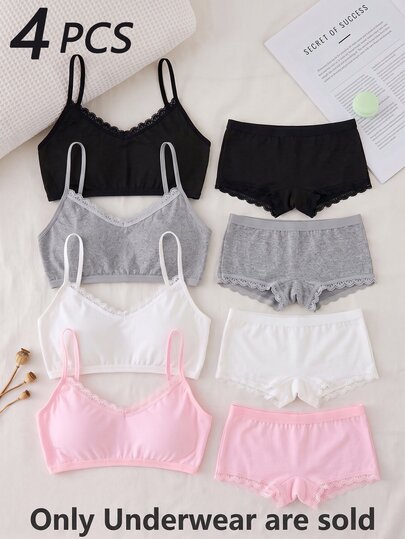 4pcs/Set Girls Big Tween Girl Black Pink White Solid Simple Fashion Modest Basic Comfortable Soft Padded Bra Camisole Undershirt Winter Girls Trip