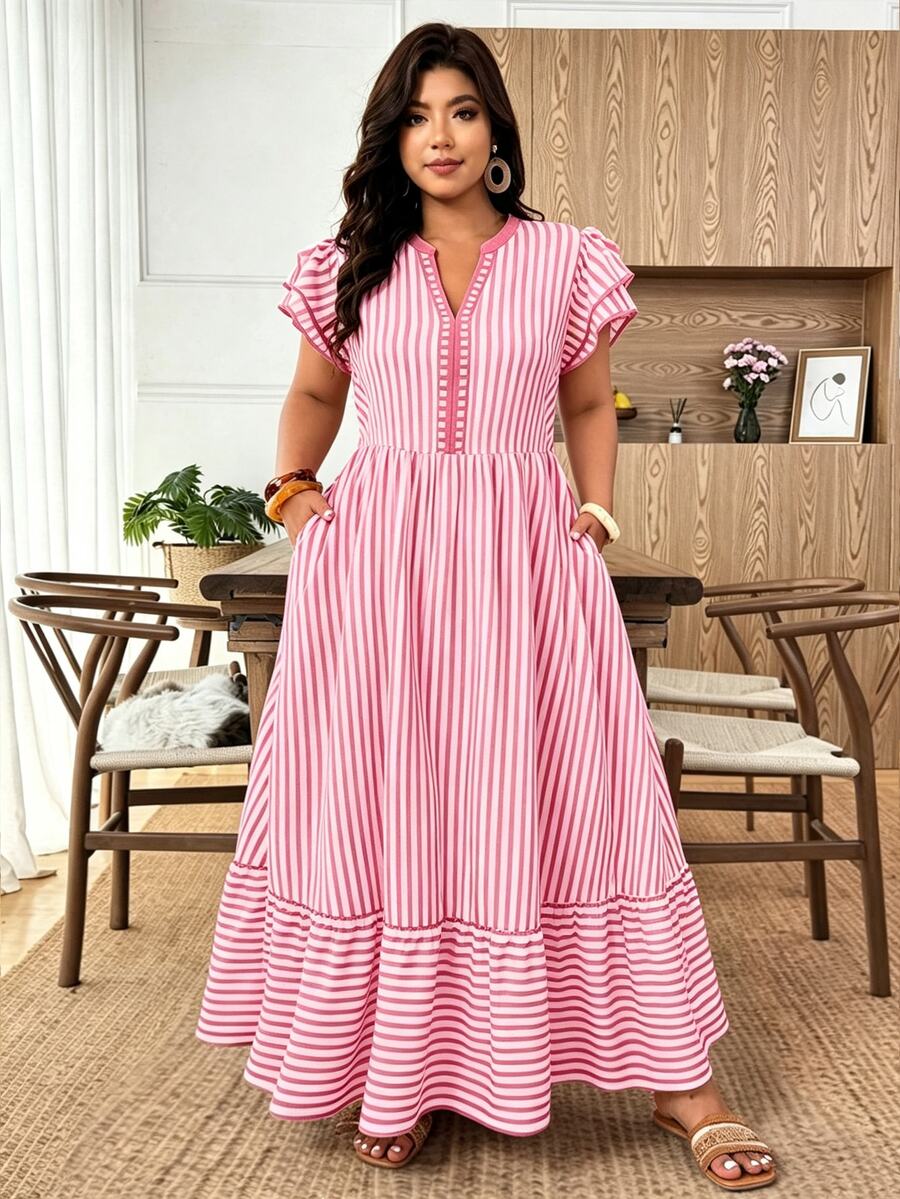 Weeklong Plus Size Women's Striped Print V-Neck Contrast Trim Double-Layer Flutter Sleeve Dress,Pastel Pink Summer Boho Vacation Holiday Casual Office Outing - Hot Pink - View 1