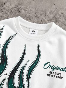 Boys' (Big) Sweatshirt Set, White Main Body With Green Flame Print On Left Side And Sleeves, Embellished With Rhinestones And Starburst Decor, English Print On Left Chest, Ribbed Collar, Cuffs And Hem, Matching Dark Green Sweatpants With Black And White Side Stripes, Same Flame Pattern On Pants, English Logo On Side, Ribbed Cuffed Hem - Multicolor - View 3
