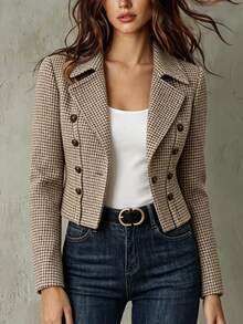 SHEIN Women's Autumn/Winter Cardigan, Dual-Tone Plaid Long Sleeve Front-Opening Short Double-Breasted Jacket - Coffee Brown - View 4