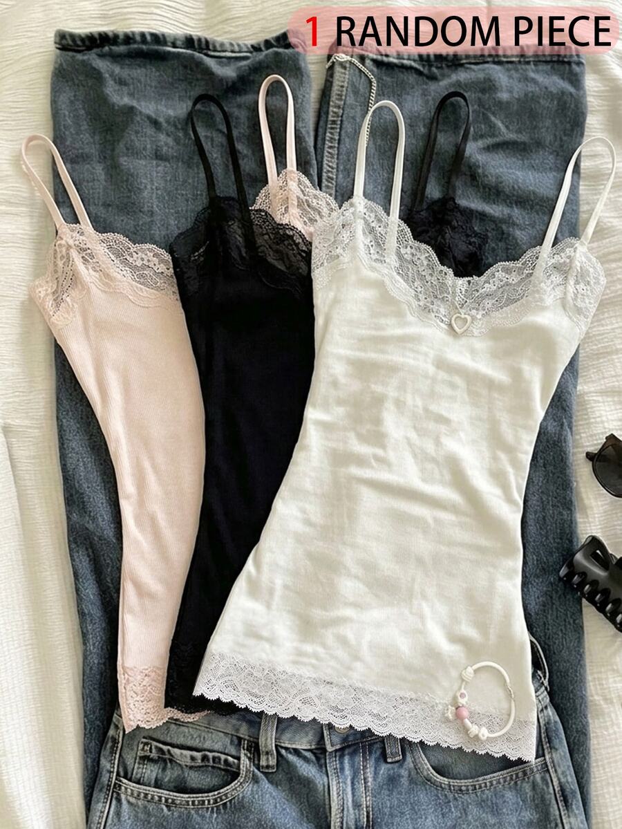 SHEIN Sparklyn Teen Girls Vintage Cute Y2k Street Style Letter Print Colorblock Spaghetti Strap Sleeveless Cropped Tank Tops Summer School Sixth Form White - White - View 1