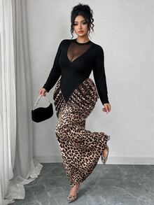 Elenzga Plus Size Women's Autumn/Winter Knit Fitted Dress With Mesh Patchwork And Leopard Print - Multicolor - View 6