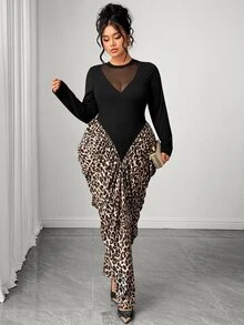 Elenzga Plus Size Women's Autumn/Winter Knit Fitted Dress With Mesh Patchwork And Leopard Print - Multicolor - View 3