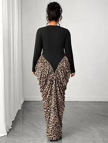 Elenzga Plus Size Women's Autumn/Winter Knit Fitted Dress With Mesh Patchwork And Leopard Print - Multicolor - View 2
