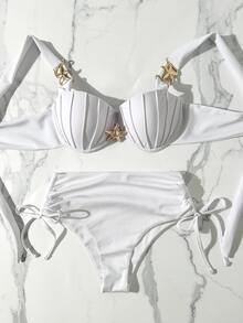 SHEIN Swim Thick Strap Molded Cup Underwire Push-Up Bikini Set With Side-Tie Pants And Starfish Trim - White - View 1