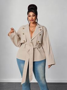Maweii Plus Size Elegant Smart Casual Lapel Grey Button Tie Waist Short Trench Coat Long Sleeve Jacket Autumn Office - Khaki - View 4