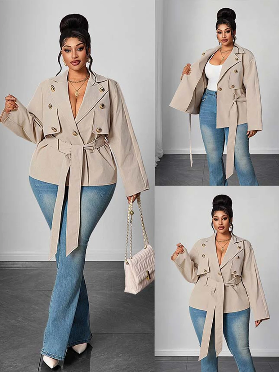 Maweii Plus Size Elegant Smart Casual Lapel Grey Button Tie Waist Short Trench Coat Long Sleeve Jacket Autumn Office - Khaki - View 1