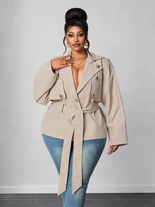 Maweii Plus Size Elegant Smart Casual Lapel Grey Button Tie Waist Short Trench Coat Long Sleeve Jacket Autumn Office - Khaki - View 3