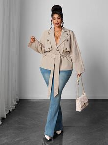 Maweii Plus Size Elegant Smart Casual Lapel Grey Button Tie Waist Short Trench Coat Long Sleeve Jacket Autumn Office - Khaki - View 6