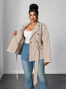 Maweii Plus Size Elegant Smart Casual Lapel Grey Button Tie Waist Short Trench Coat Long Sleeve Jacket Autumn Office - Khaki - View 8