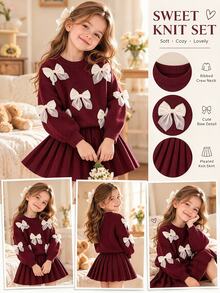 SHEIN Playful Pals (Young Girl) 燕麥色手工歐根紗蝴蝶結圓領落肩長袖套頭毛衣 + 成套百褶裙套裝 - 酒紅色 - 查看 9