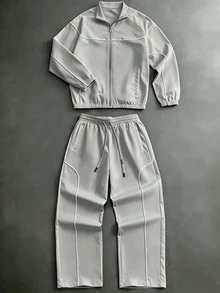 PAVTROS Men's Casual Fashion Street Contrast Piping Zip-Up Jacket And Drawstring Waist Long Pants Set, - Grey - View 1