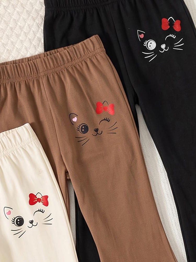 SHEIN Young Girl Flare Pants 3 Packs, Cute Cartoon Cat Bow Elastic Waist Leggings Spring Fall - Multicolor - View 7