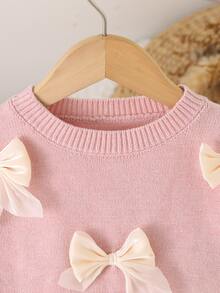 SHEIN Playful Pals 女童粉色手工歐根紗蝴蝶結圓領落肩長袖套頭針織衫 + 成套百褶裙，柔軟舒適秋季穿搭 - 粉色 - 查看 8