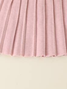 SHEIN Playful Pals 女童粉色手工歐根紗蝴蝶結圓領落肩長袖套頭針織衫 + 成套百褶裙，柔軟舒適秋季穿搭 - 粉色 - 查看 7