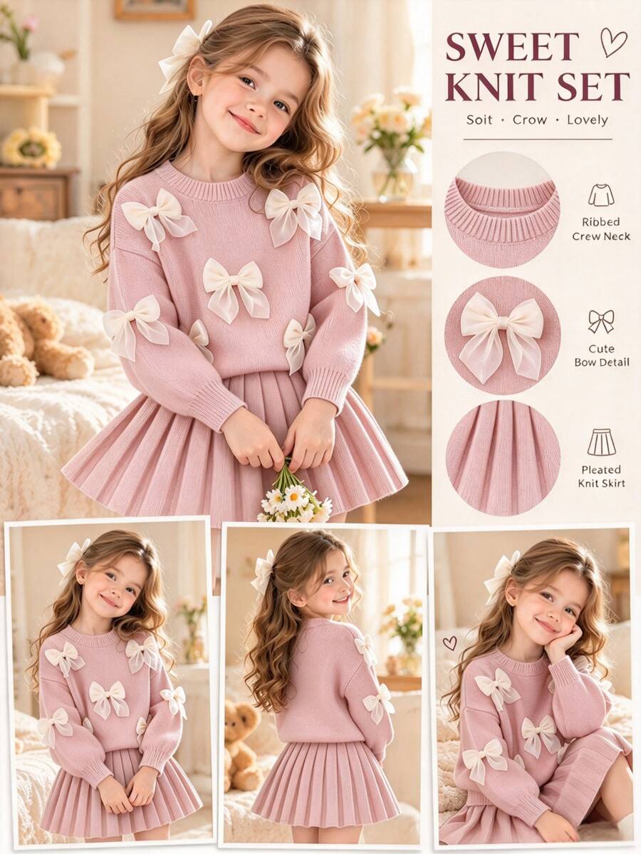 SHEIN Playful Pals 女童粉色手工歐根紗蝴蝶結圓領落肩長袖套頭針織衫 + 成套百褶裙，柔軟舒適秋季穿搭