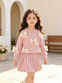 SHEIN Playful Pals 女童粉色手工歐根紗蝴蝶結圓領落肩長袖套頭針織衫 + 成套百褶裙，柔軟舒適秋季穿搭 - 粉色 - 查看 9