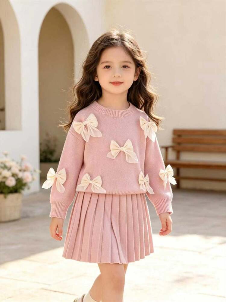 SHEIN Playful Pals Young Girls Pink Color Handmade Organza Bow Round Neck Drop Shoulder Long Sleeve Pullover Sweater + Matching Pleated Skirt, Soft Comfortable Autumn - Pink - View 8