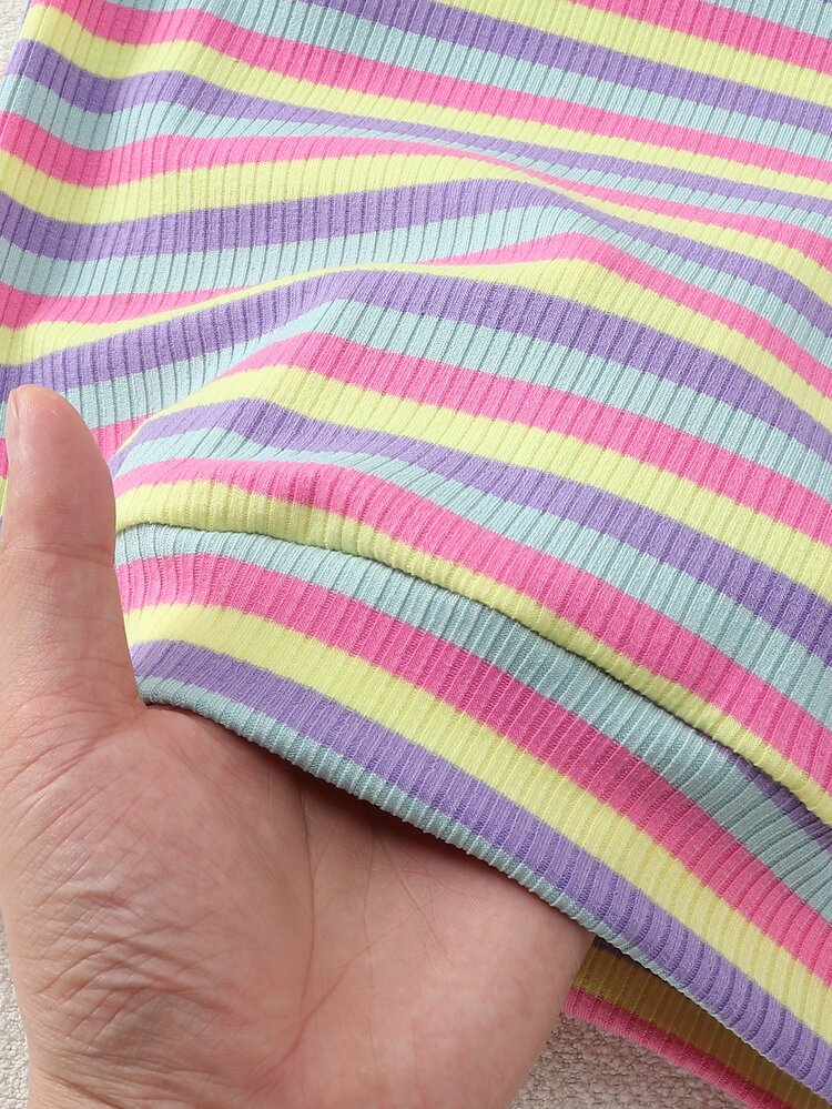 Girls' Autumn/Winter 2 Pieces Set Round Neck Long Sleeve Top Yellow Pink Light Purple Light Blue Stripes Wide Leg Pants Washed Blue 7th Birthday - Multicolor - View 7