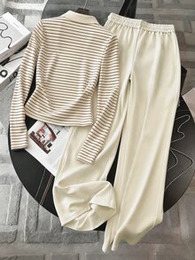 GlowEve Striped Print Embroidery Bow Pattern Long Sleeve Polo Shirt & Drawstring Waist Sweatpants Set - Multicolor - View 2