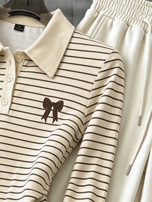 GlowEve Striped Print Embroidery Bow Pattern Long Sleeve Polo Shirt & Drawstring Waist Sweatpants Set - Multicolor - View 3