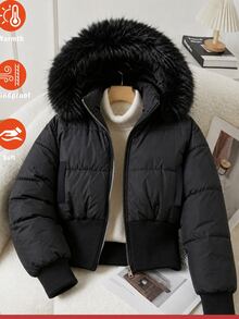 SHEIN Teen Girl Long Sleeve Hooded Fleece Lined Black Puffer Jacket Halloween Winter Style Work Baggy Cute - Black - View 1