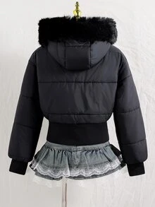 SHEIN Teen Girl Long Sleeve Hooded Fleece Lined Black Puffer Jacket Halloween Winter Style Work Baggy Cute - Black - View 2