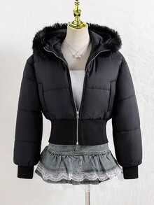 SHEIN Teen Girl Long Sleeve Hooded Fleece Lined Black Puffer Jacket Halloween Winter Style Work Baggy Cute - Black - View 3
