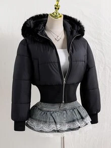 SHEIN Teen Girl Long Sleeve Hooded Fleece Lined Black Puffer Jacket Halloween Winter Style Work Baggy Cute - Black - View 4