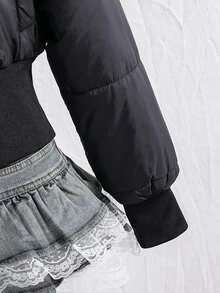 SHEIN Teen Girl Long Sleeve Hooded Fleece Lined Black Puffer Jacket Halloween Winter Style Work Baggy Cute - Black - View 5
