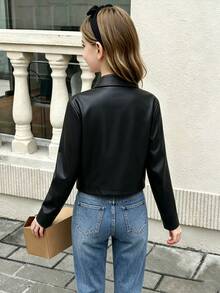SHEIN Elladie kids Tween Girl Retro Streetwear Cool PU Leather Black Jacket For Daily Commuting And Travel, Autumn, Holiday School Student - Black - View 3