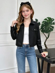 SHEIN Elladie kids Tween Girl Retro Streetwear Cool PU Leather Black Jacket For Daily Commuting And Travel, Autumn, Holiday School Student - Black - View 8