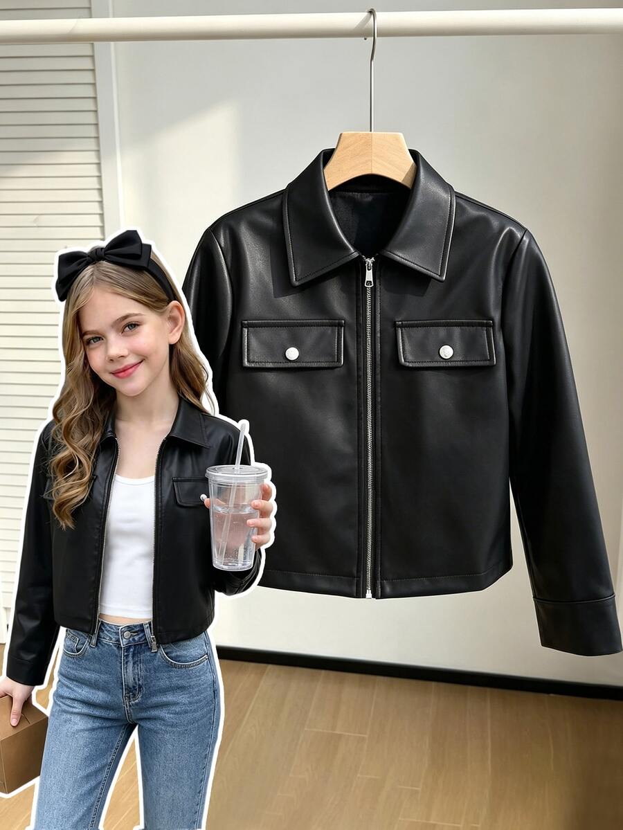 SHEIN Elladie kids Tween Girl Retro Streetwear Cool PU Leather Black Jacket For Daily Commuting And Travel, Autumn, Holiday School Student