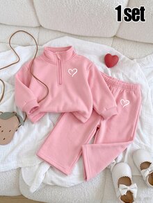 1 Set Baby Girl Solid Color Heart Pattern Stand Collar Zip-Up Pullover And Straight Leg Pants Sportswear Outfit, Suitable For Daily School And Autumn/Winter Wear - Multicolor - View 3