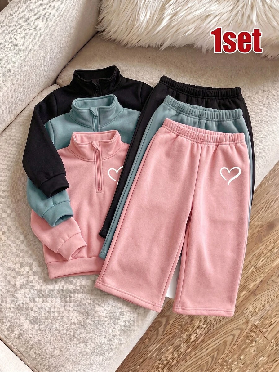 1 Set Baby Girl Solid Color Heart Pattern Stand Collar Zip-Up Pullover And Straight Leg Pants Sportswear Outfit, Suitable For Daily School And Autumn/Winter Wear - Multicolor - View 1