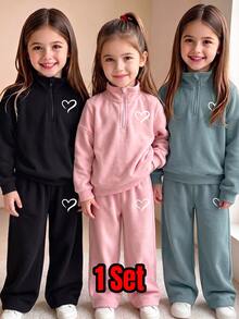 1 Set Baby Girl Solid Color Heart Pattern Stand Collar Zip-Up Pullover And Straight Leg Pants Sportswear Outfit, Suitable For Daily School And Autumn/Winter Wear - Multicolor - View 5