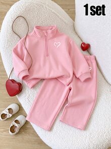 1 Set Baby Girl Solid Color Heart Pattern Stand Collar Zip-Up Pullover And Straight Leg Pants Sportswear Outfit, Suitable For Daily School And Autumn/Winter Wear - Multicolor - View 4