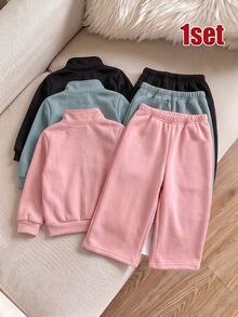 1 Set Baby Girl Solid Color Heart Pattern Stand Collar Zip-Up Pullover And Straight Leg Pants Sportswear Outfit, Suitable For Daily School And Autumn/Winter Wear - Multicolor - View 2