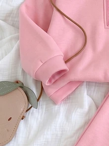 1 Set Baby Girl Solid Color Heart Pattern Stand Collar Zip-Up Pullover And Straight Leg Pants Sportswear Outfit, Suitable For Daily School And Autumn/Winter Wear - Multicolor - View 7
